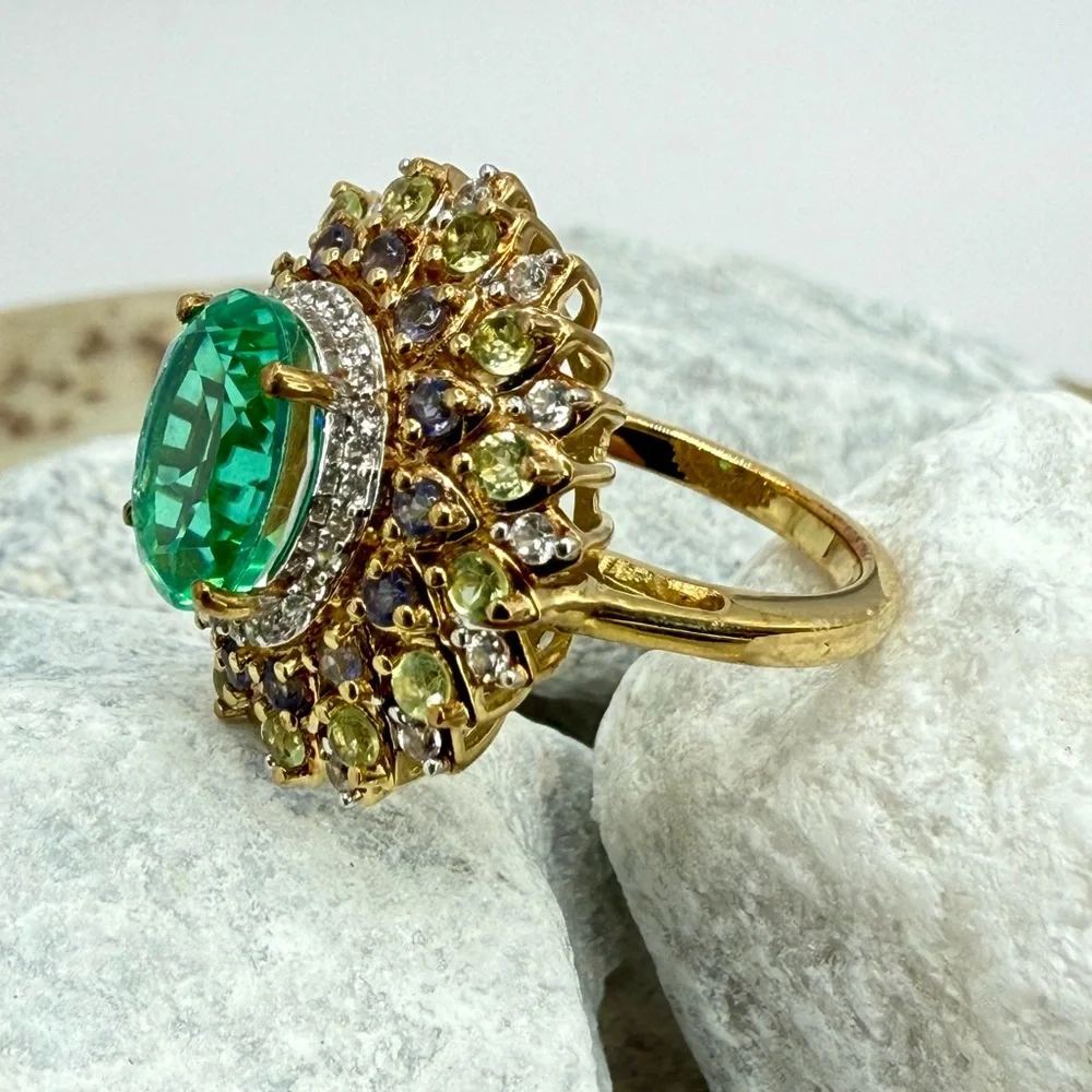 NWT Peacock Quartz Multi-Gem Dahlia Floral Ring Vermeil Gold over 925 4.15ctw